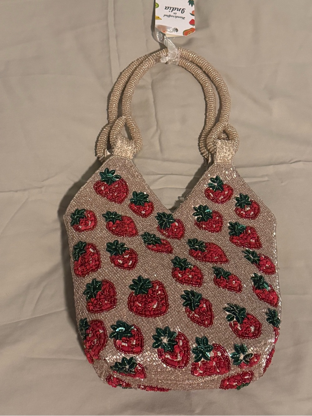 Handcrafted in India - Beaded Strawberry Shoulder Bag in Beige with Red Accents